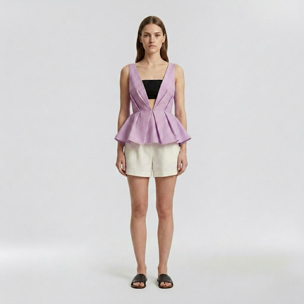 Plunge-Neck Sculpted Peplum Top