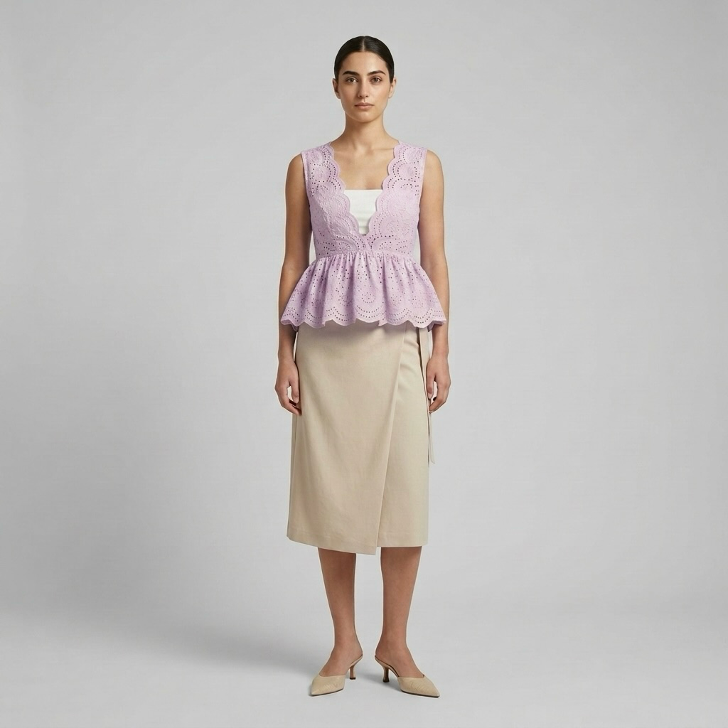 Scallop-Edge Broderie Peplum Top