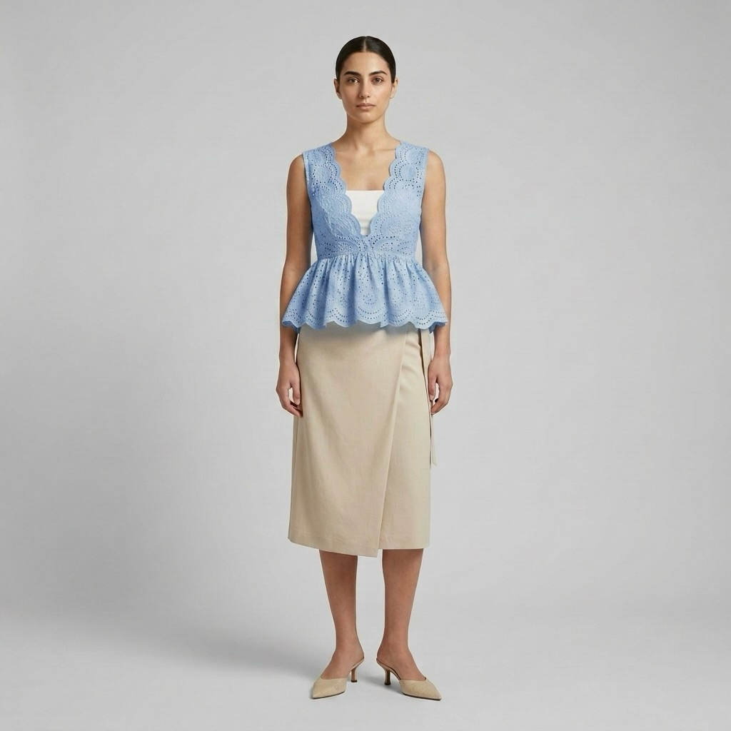 Scallop-Edge Broderie Peplum Top