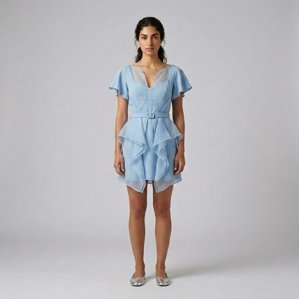 Cascade-Hem Belted Mini Dress