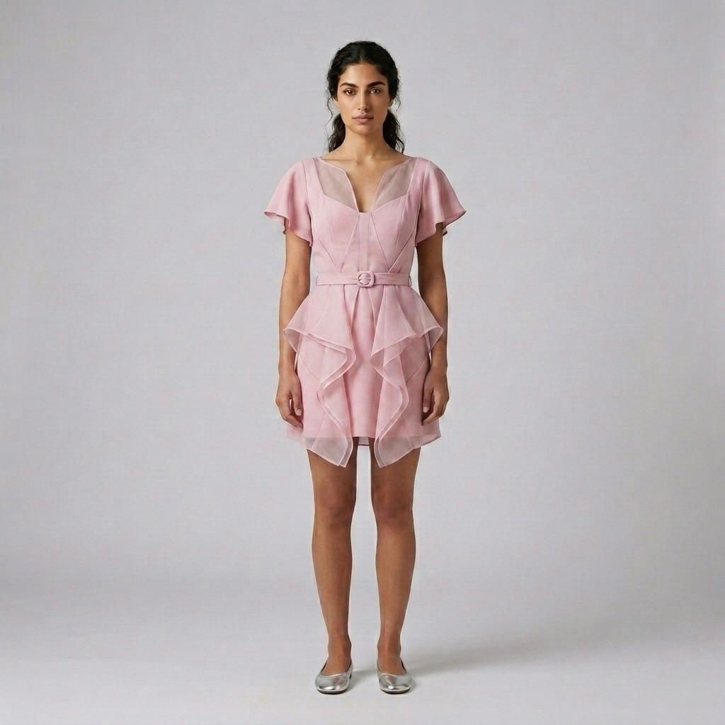 Cascade-Hem Belted Mini Dress
