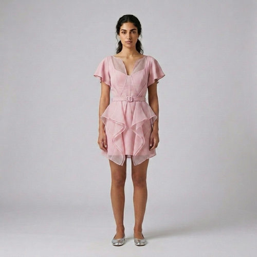 Cascade-Hem Belted Mini Dress